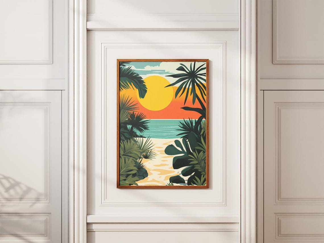 Tropical Beach Sunset Framed By Palm Leaves Vintage Art Poster - Image 2