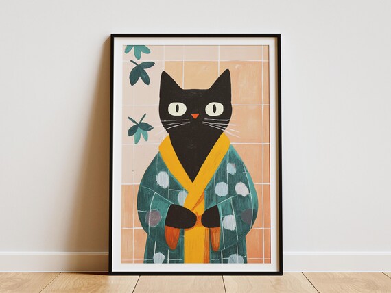Black Cat Green Kimono Minimalist Folk Style Bathroom Poster