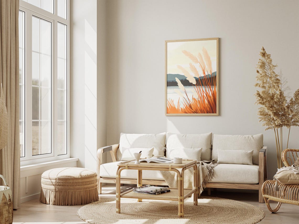 Autumn Pampas Grass By The Lake Golden Light Landscape Poster - Image 4
