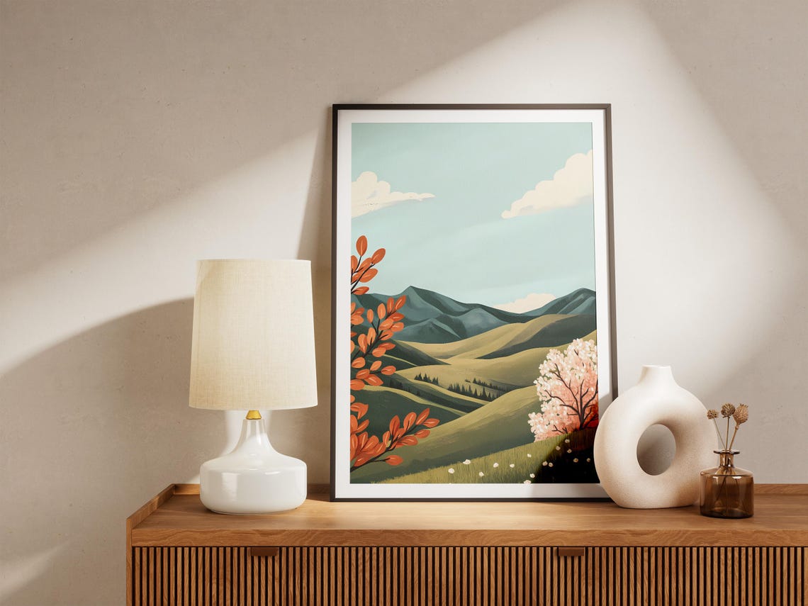 Rolling Green Hills With Pink Blossom Tree Landscape Art Poster - Image 5