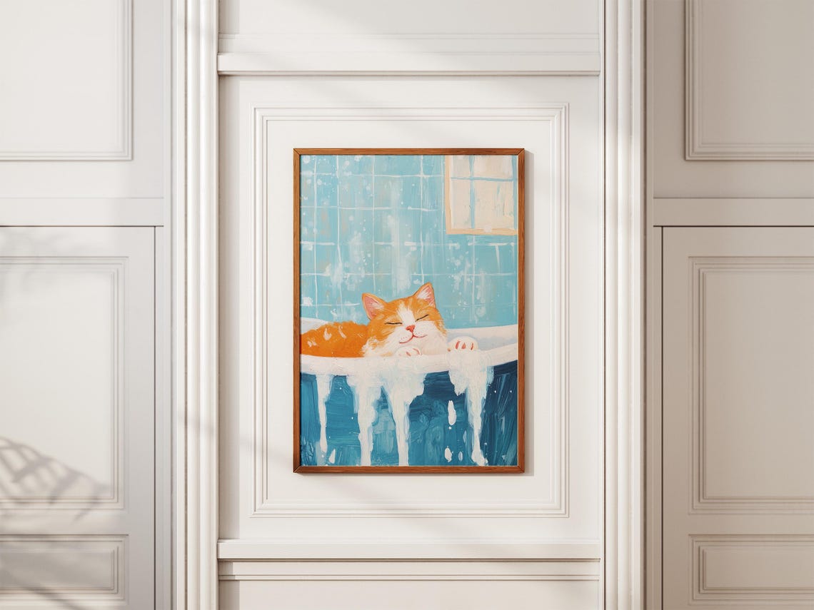 Orange Cat Sleeping in Foamy Blue Tub Peaceful Bath Cute Cat Poster - Image 2