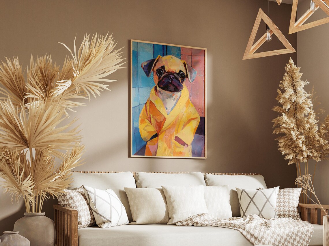 Pug Puppy in Yellow Bathrobe Expressive Portrait Bath Art Poster - Image 3