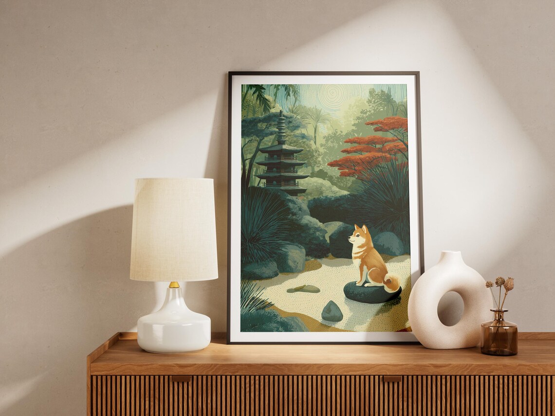 Shiba Inu Sitting in Zen Garden With Pagoda Japanese Travel Poster - Image 4