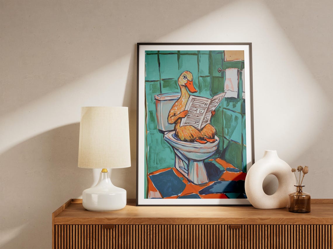 Duck on Toilet Reading Newspaper Teal Bathroom Funny Animal Poster - Image 5