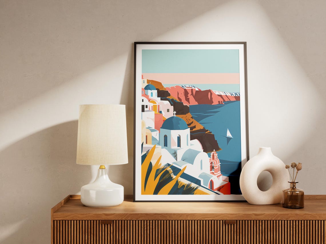 Whitewashed Village Blue Dome Churches Seaside Cliffs Travel Poster - Image 2