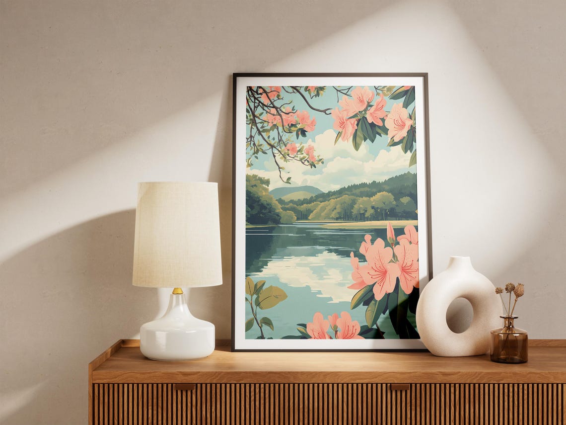Pink Azalea Blossoms Framing a Lake View Poster With Calm Water - Image 5