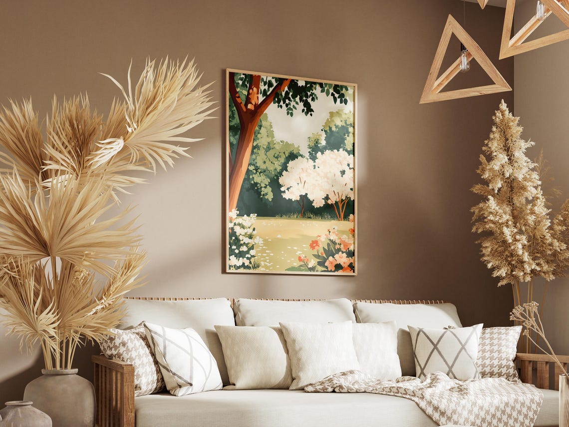 Sunlit Garden Path With White Blossoming Trees Nature Poster - Image 3