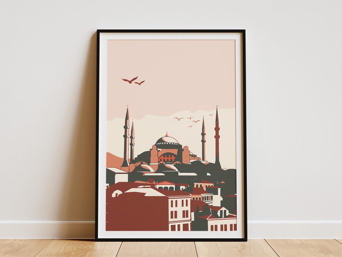 Hagia Sophia Mosque with Four Minarets in Terracotta Tones Poster