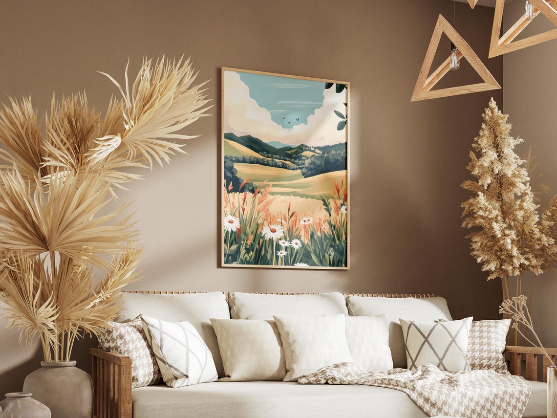 Sunlit Wildflower Meadow with Daisies and Rolling Hills Poster - Image 3