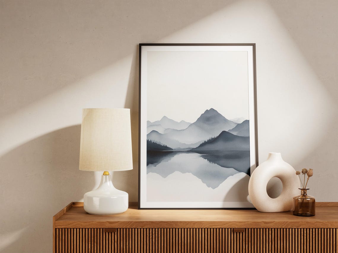 Misty Blue Watercolor Mountains Lake Reflection Japandi Art Poster - Image 4