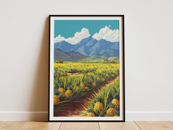 Pineapple Field Art Print Hawaiian Mountain Landscape Poster Tropical Wall Vacation Home Decor Coastal Plantation