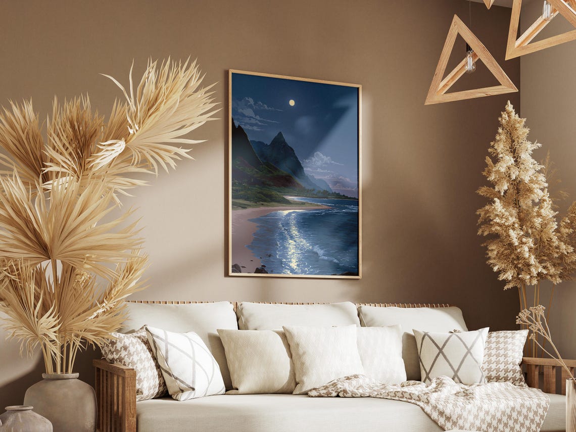 Moonlit Tropical Beach At Night With Full Moon Over The Ocean Poster - Image 3