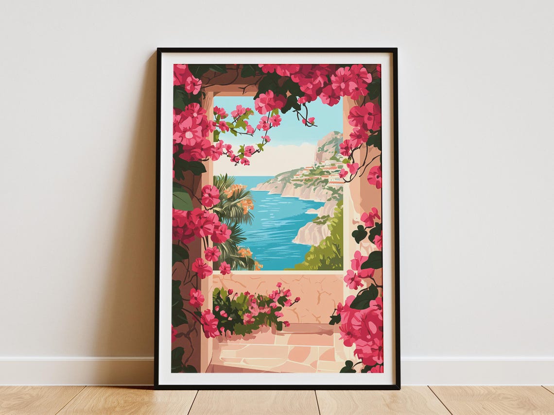 Bougainvillea Arch Coastal Cliff View Pink Blooms Sea Poster