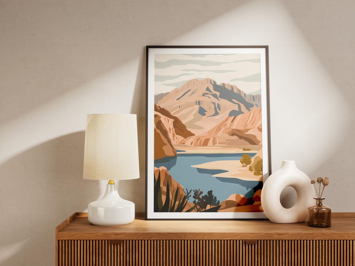 Desert Canyon With Blue Lake And Beige Mesa Mountains Poster - Image 5
