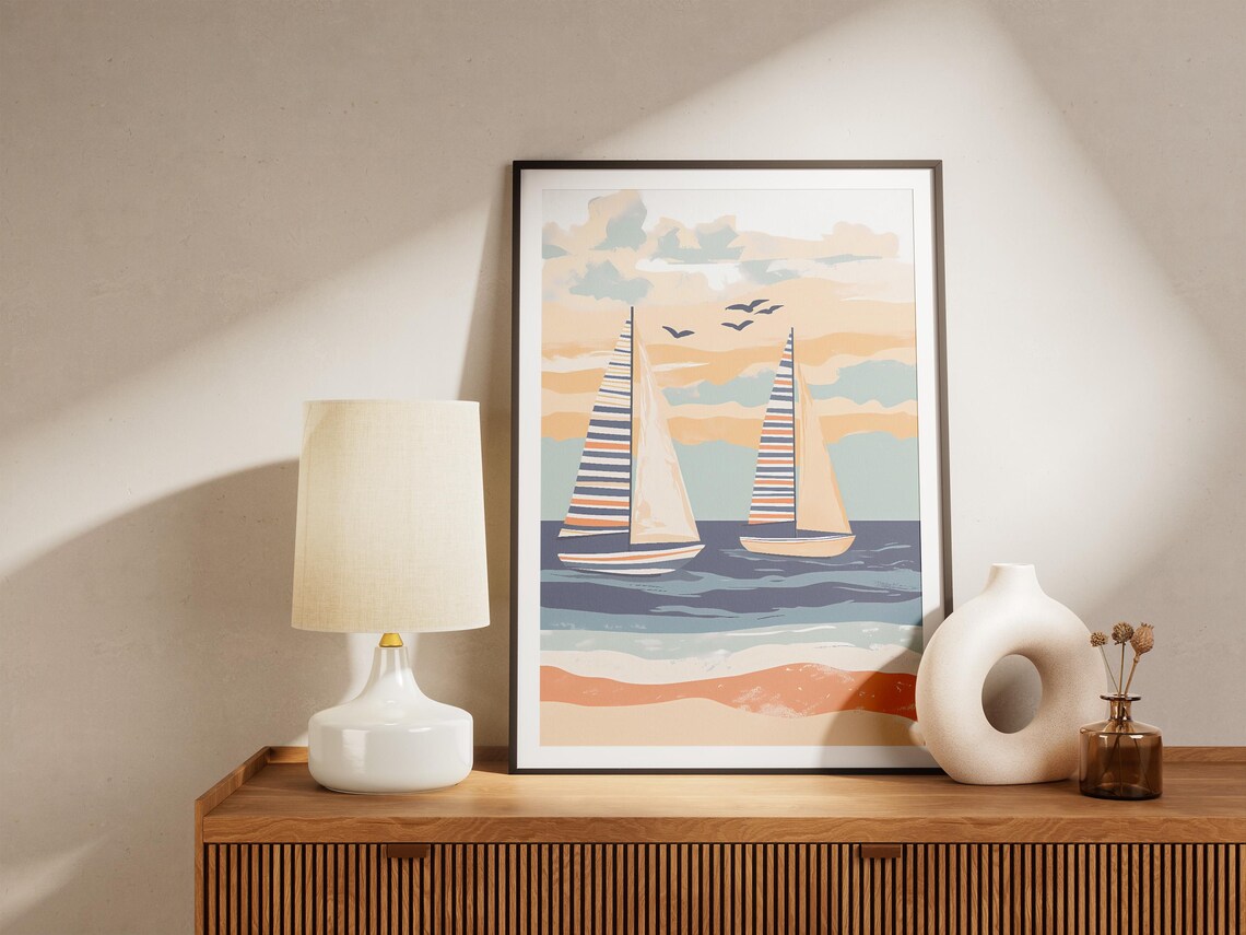 Two Sailboats with Striped Sails on Pastel Seas Watercolor Poster - Image 5
