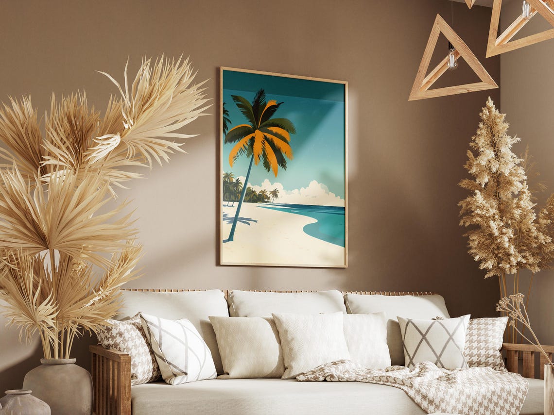 Maldives Tropical Beach with a Single Leaning Palm Tree Art Poster - Image 3