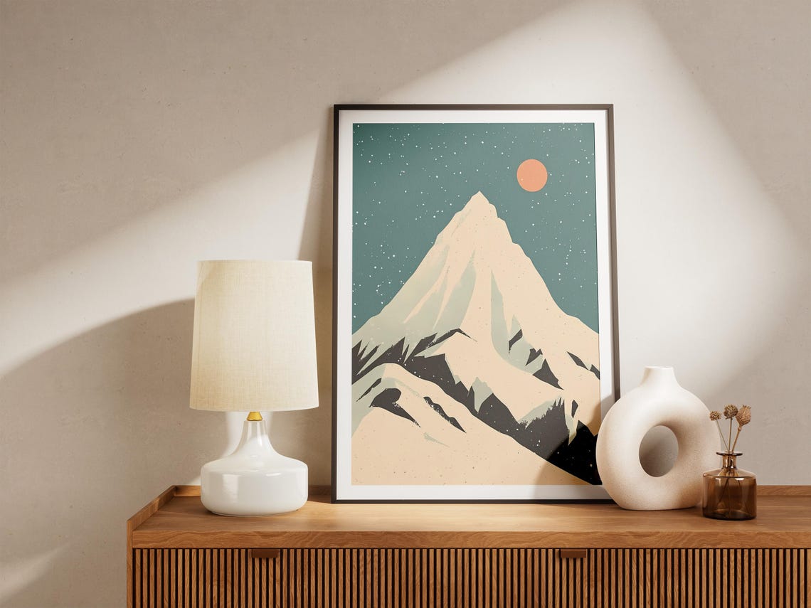 Minimalist Cream Mountain Peak Orange Sun Under Teal Starry Sky Poster - Image 5