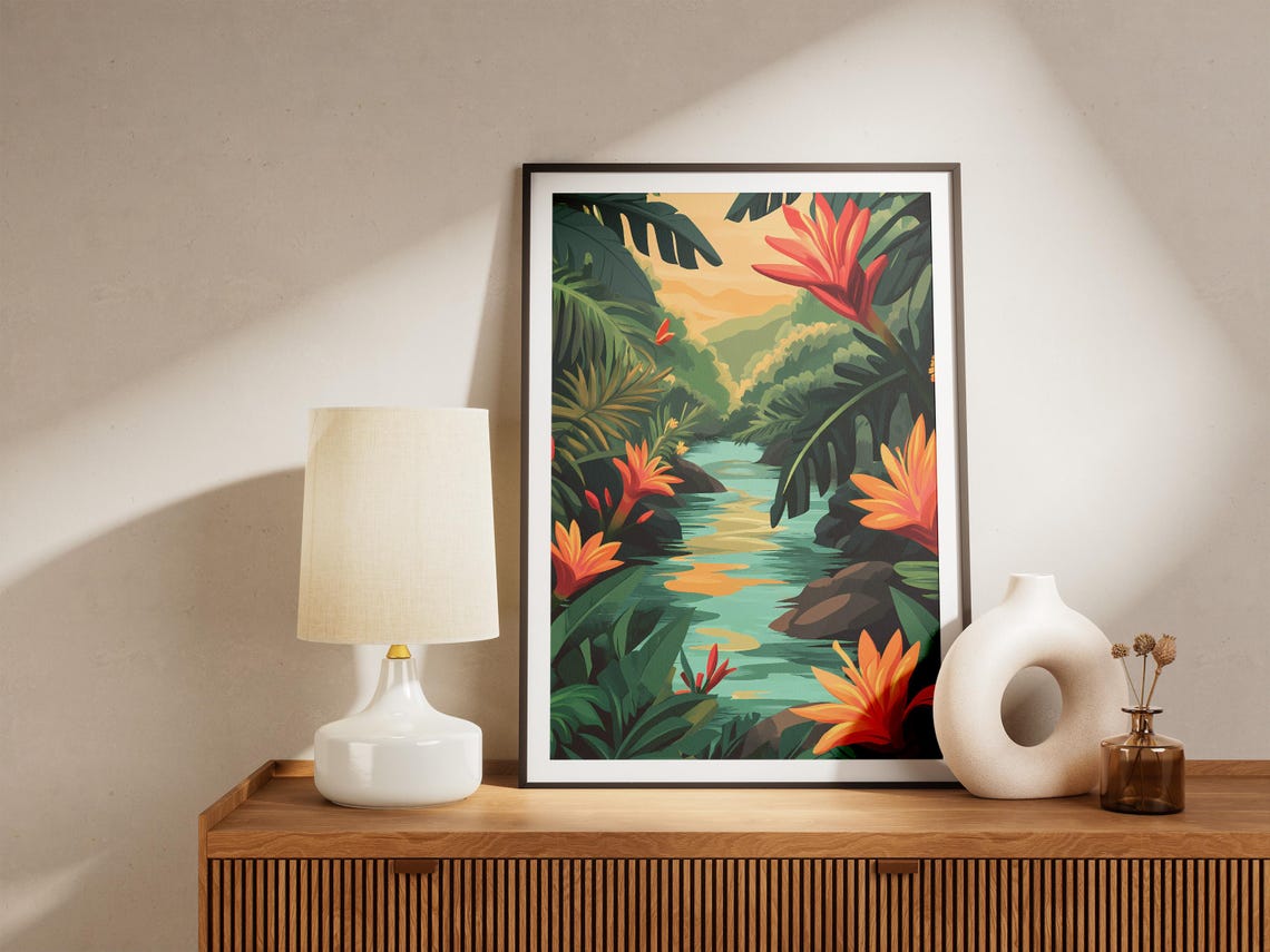 Tropical River Heliconia Jungle Blooms Exotic Landscape Poster - Image 5