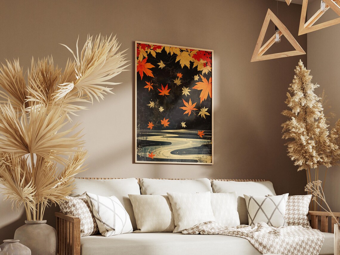 Autumn Maple Leaves, Japanese River Landscape Art Print - Image 3