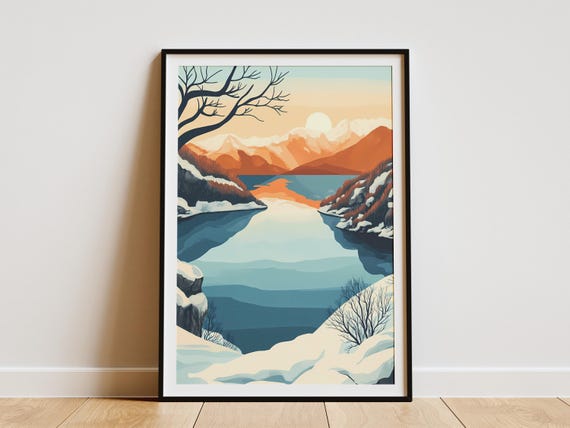 Winter Mountain Lake Poster Snow Covered Peak Landscape Art Print Mountain Range Scene Nature Wall Decor Cozy Cabin Decor Peaceful Winter