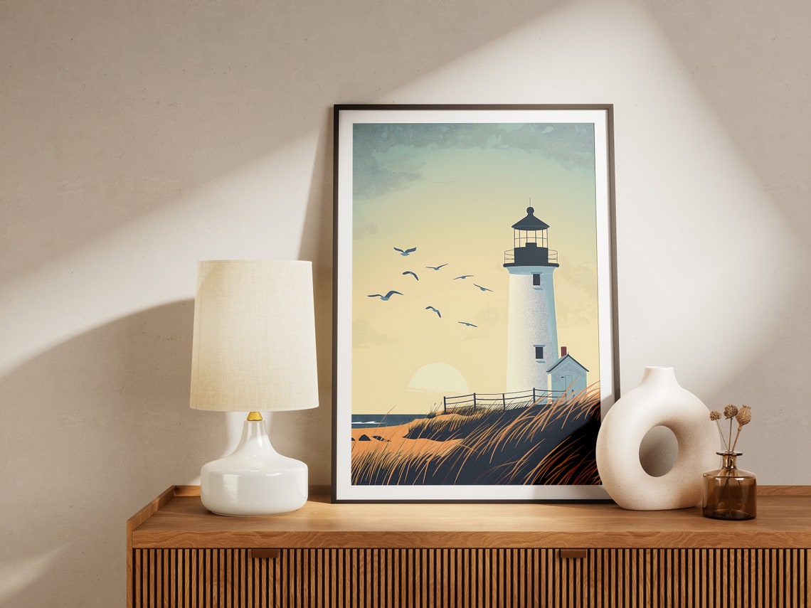 White Lighthouse With Seagulls Flying at Golden Sunset Print - Image 2