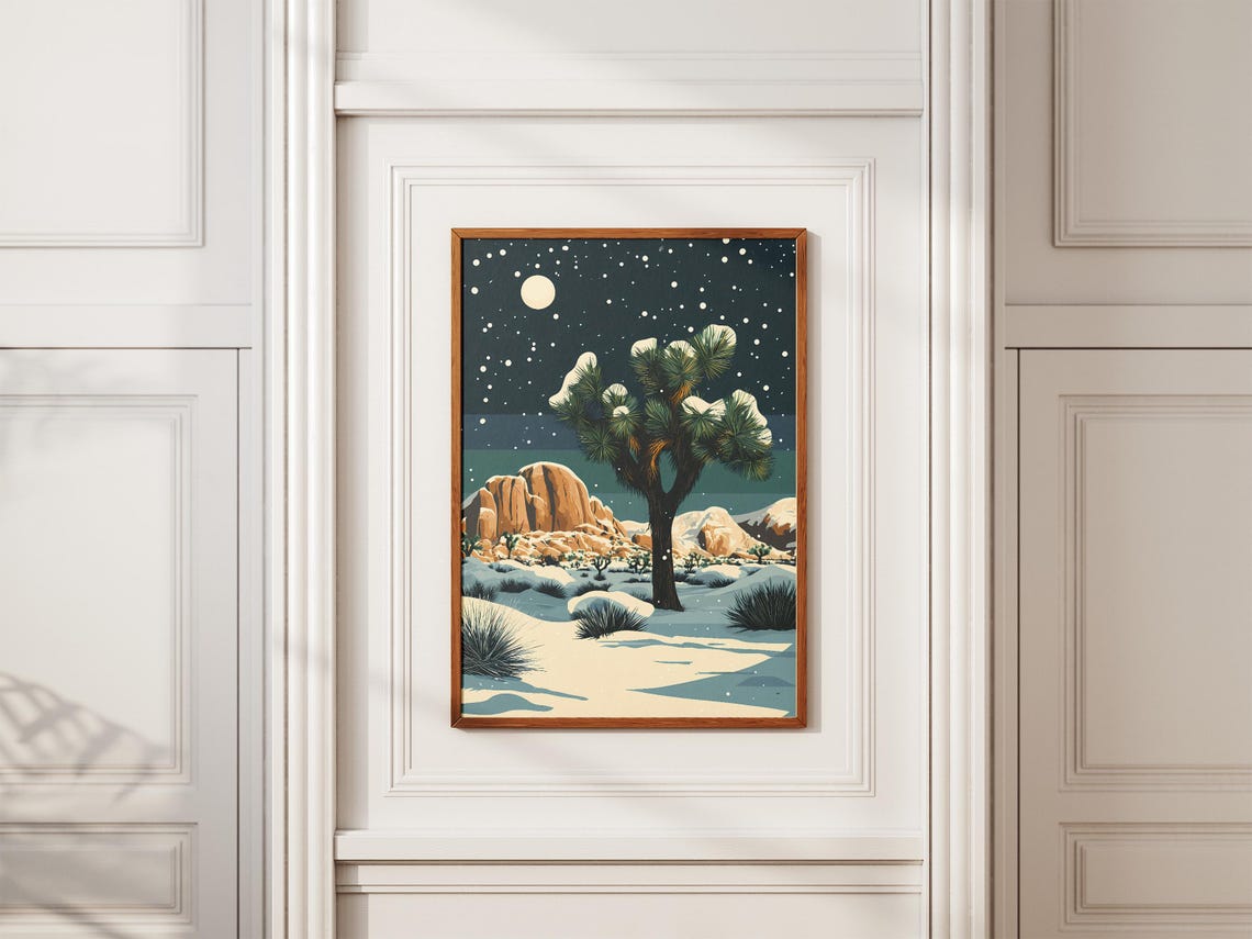 Snowy Joshua Tree National Park Under Moonlit Night Sky Poster - Image 2
