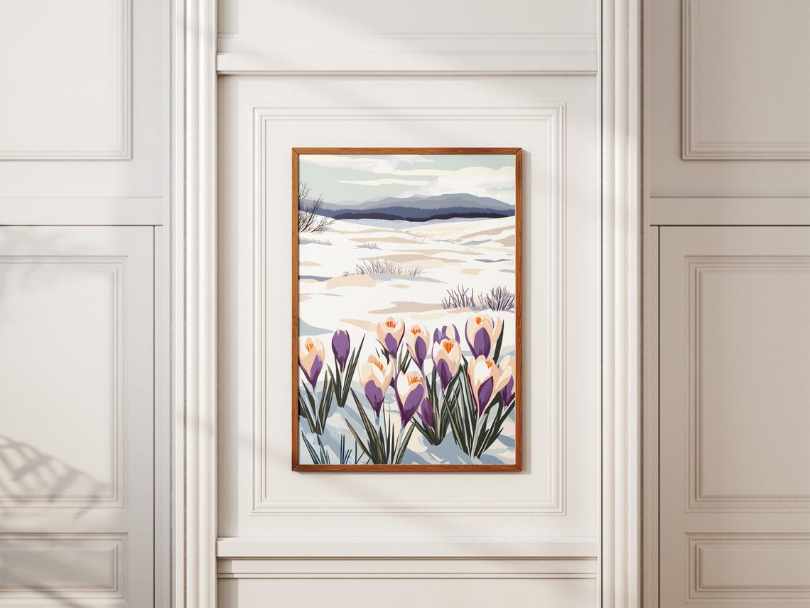 Crocus Flowers in Snow Before Distant Blue Mountains Winter Poster - Image 2