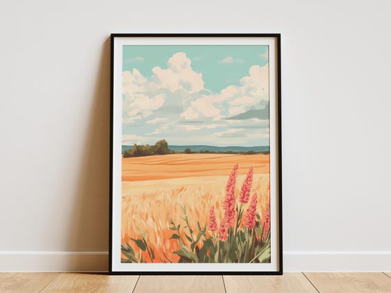 Summer Landscape Poster Golden Wheat Field Print Blue Sky Art Nature Wall Decor Farmhouse Decor Modern Landscape Painting Countryside Scene