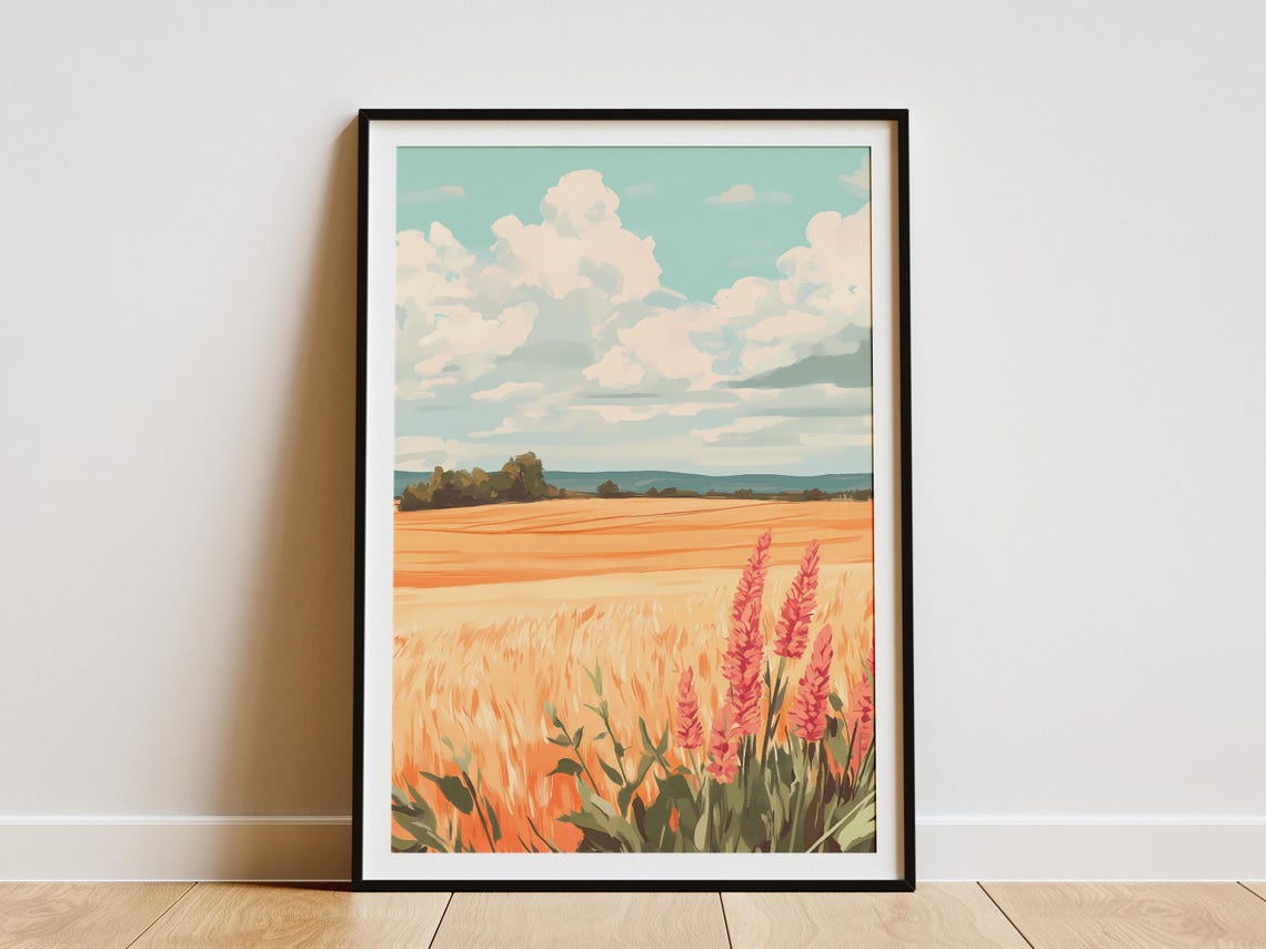 Golden Wheat Field With Pink Wildflowers Under Summer Sky Poster