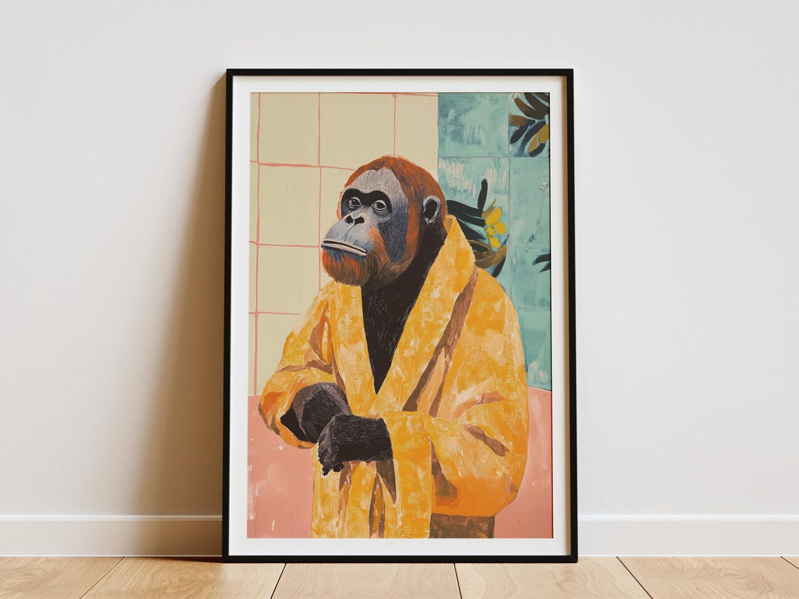 Orangutan Yellow Bathrobe Bathroom Modern Funny Primate Ape Art Poster