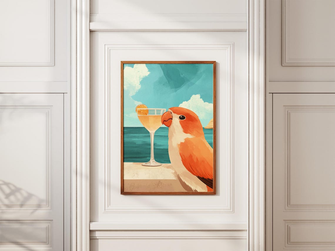 Cute Orange Parrot Sipping Cocktail By The Turquoise Sea Poster - Image 2