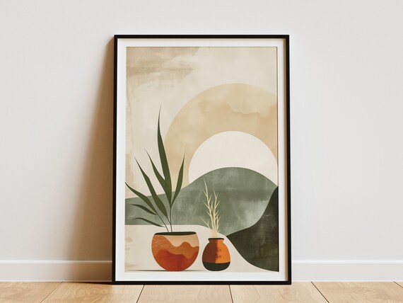 Minimalist Plant Wall Art Print Abstract Green Beige Modern Home Decor Geometric Art Poster