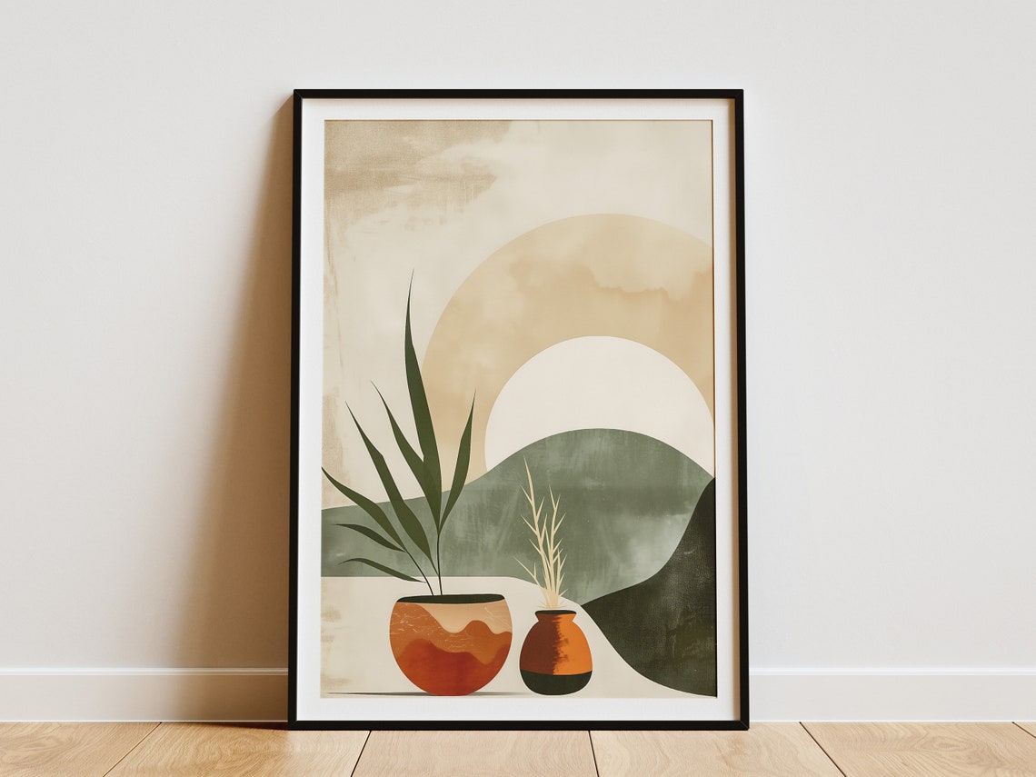 Terracotta Pots and Botanical Leaves Under a Beige Sun Poster