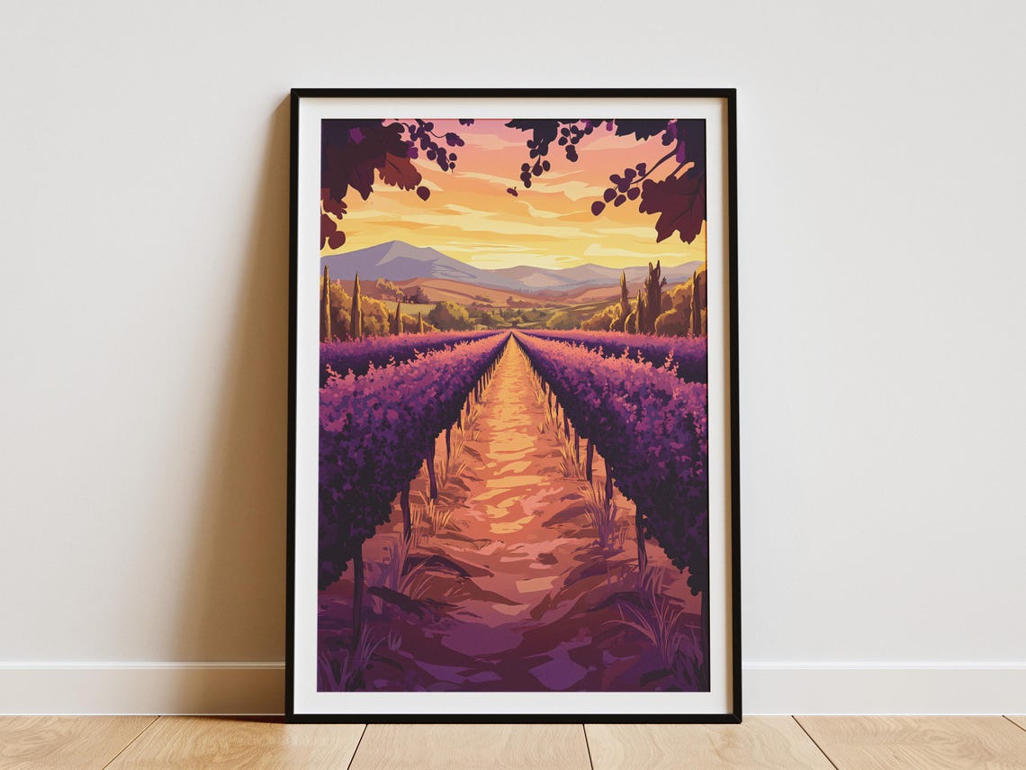 Lavender Vineyard Rows Sunset Mountains Golden Landscape Poster