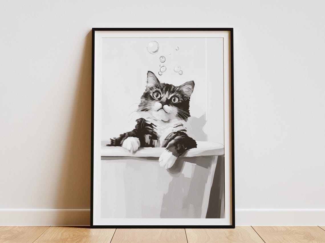 Cute Tabby Cat Playful Bubble Bath Minimalist Kitten Fun Poster