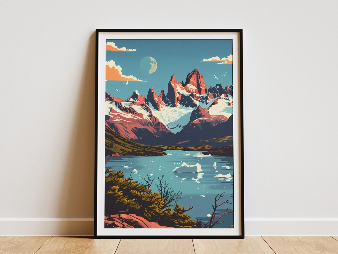 Jagged Granite Peaks Glacial Lake Icebergs Vintage Travel Poster