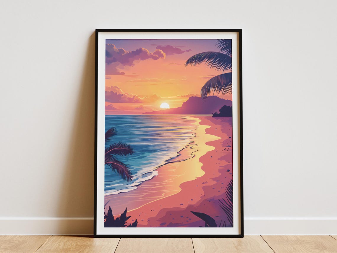 Pink Orange Sunset Beach Palms Ocean Waves Illustration Poster