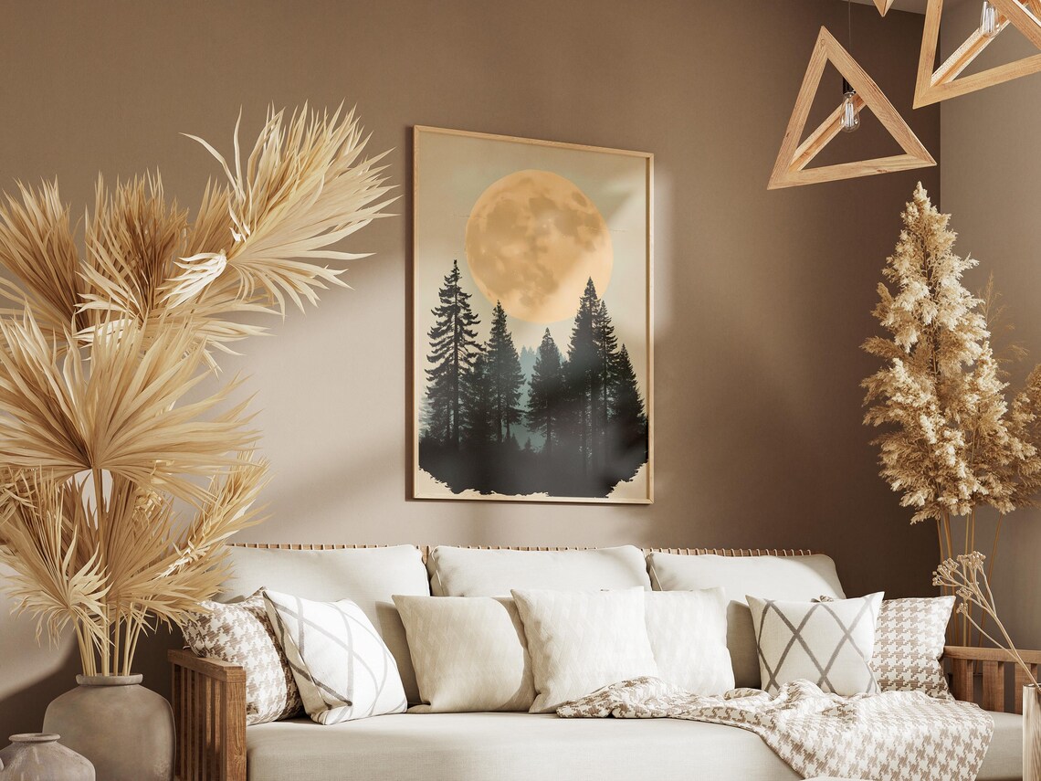 Redwood National Park Big Moon Behind Pine Silhouettes Mist Poster - Image 3