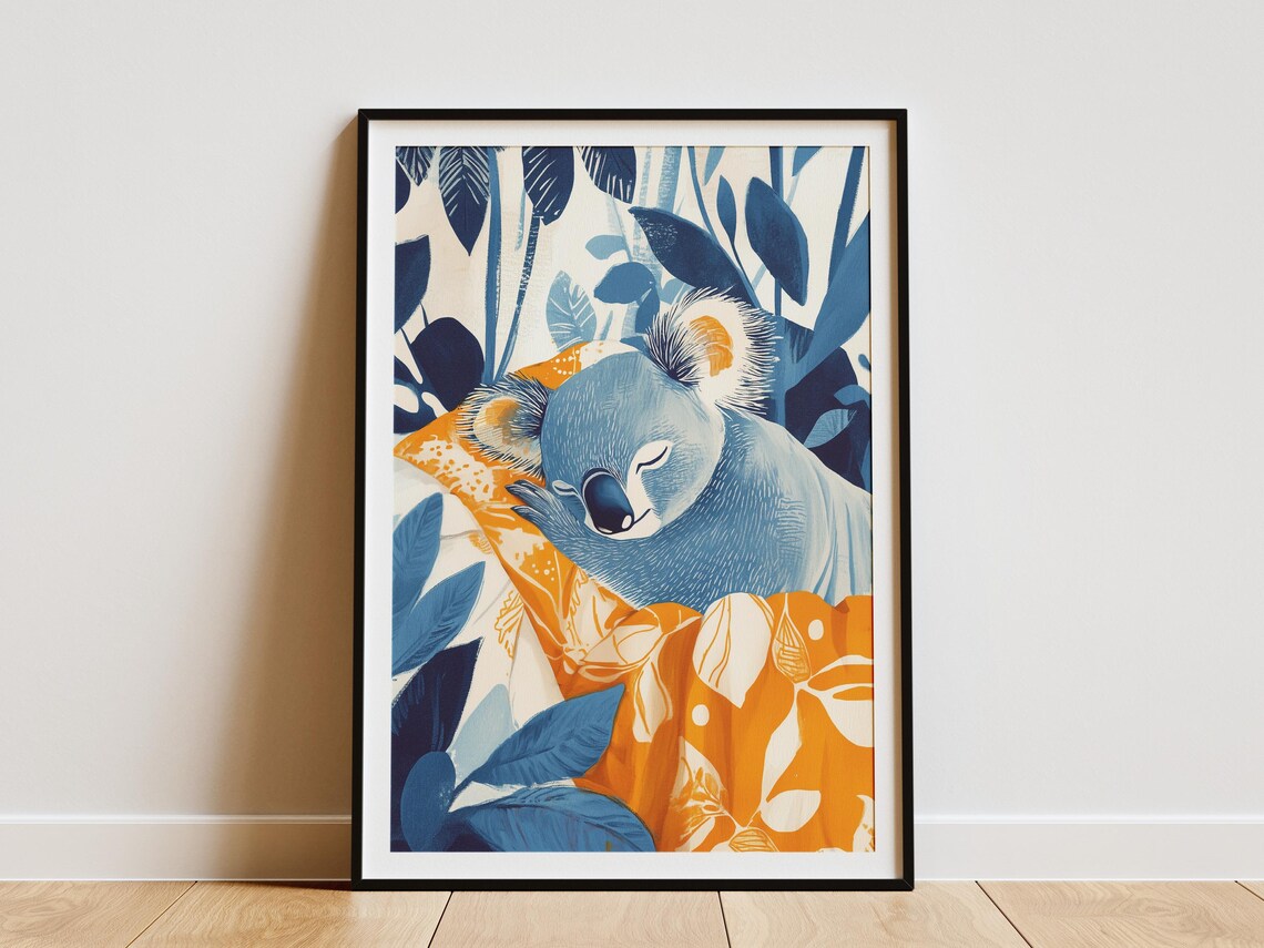 Sleeping Koala On Orange Blanket Among Blue Foliage Cozy Wall Art