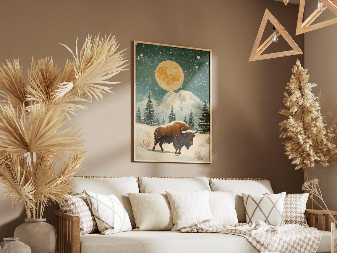 Bison Walking in Falling Snow Under a Giant Glowing Moon Poster - Image 3