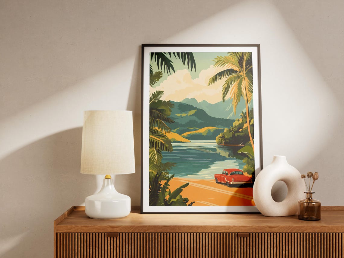 Vintage Tropical Travel Scene with Red Classic Car Beach Poster - Image 4