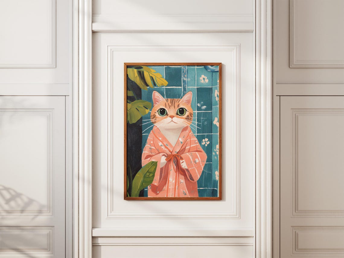 Orange Tabby Cat in Pink Bathrobe Teal Tile Whimsical Cat Wall Poster - Image 2