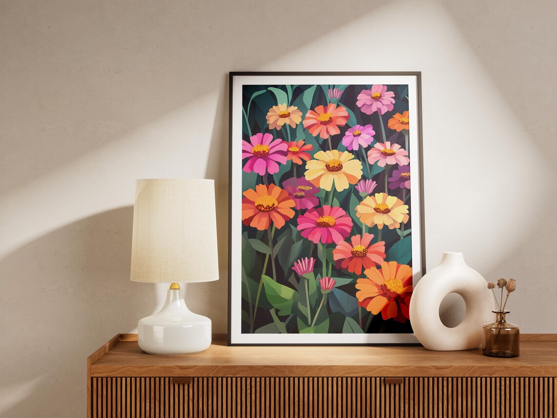 Vibrant Zinnia Flower Garden Poster in Bold Pink Orange and Yellow - Image 5