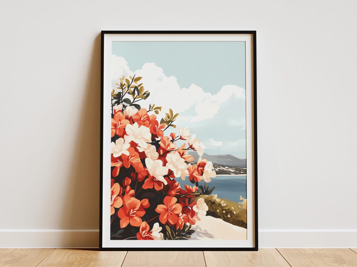Coastal Azaleas Overlooking the Sea Floral Botanical Art Poster