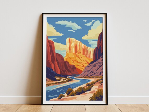 Desert Canyon with Blue River Red Rock Cliffs Travel Art Poster