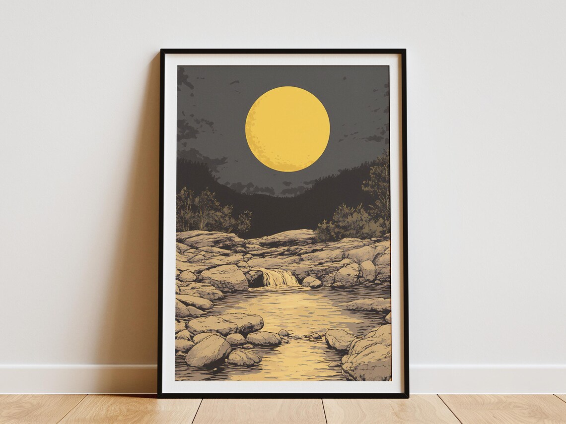 Hot Springs Arkansas Rocky Creek Golden Moon Night Vintage Style Art Poster