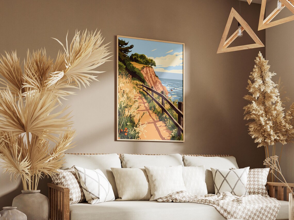 Cliffside Path Along Ocean Overlook Coastal Trail Illustration Poster - Image 3