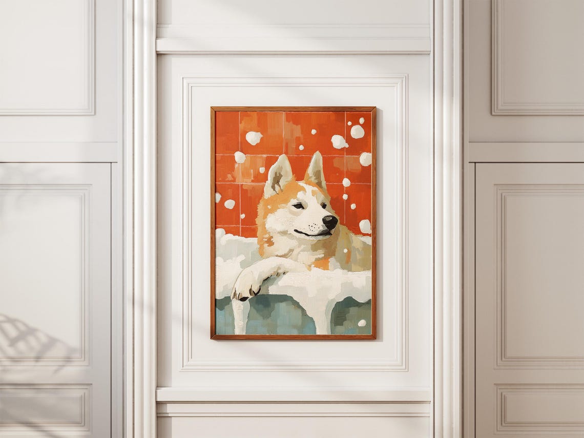 Smiling Husky Relaxing In Bubble Bath On Orange Tile Dog Poster - Image 2