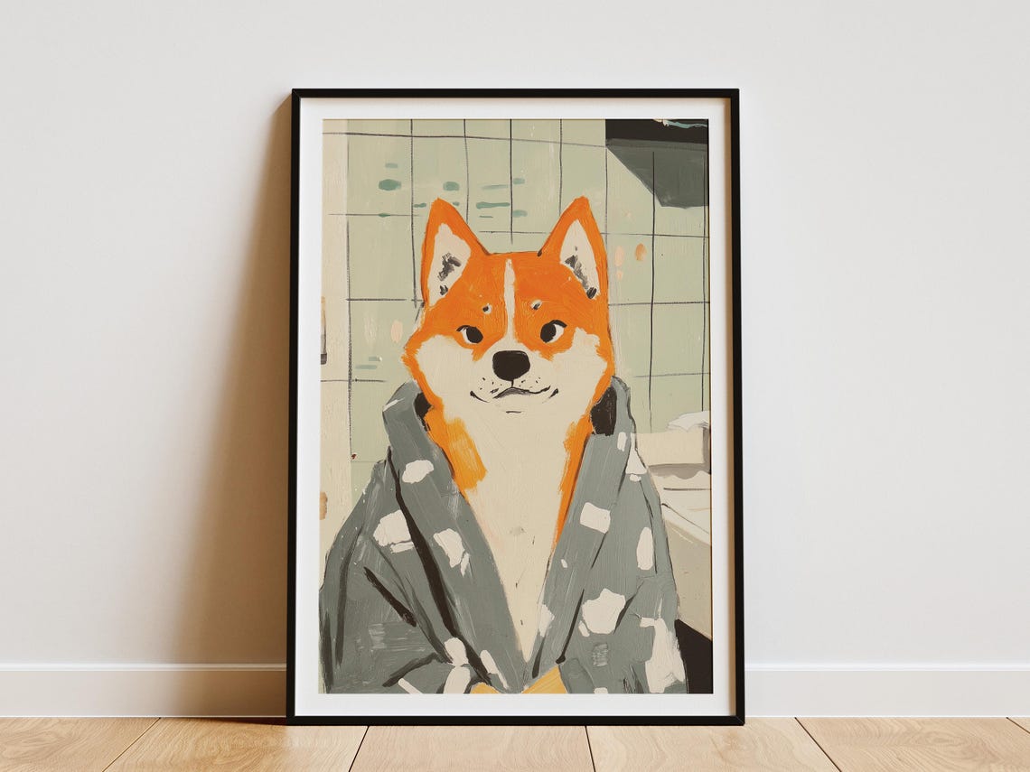 Shiba Inu in Grey Polka Dot Bathrobe Cute Bathroom Art Poster