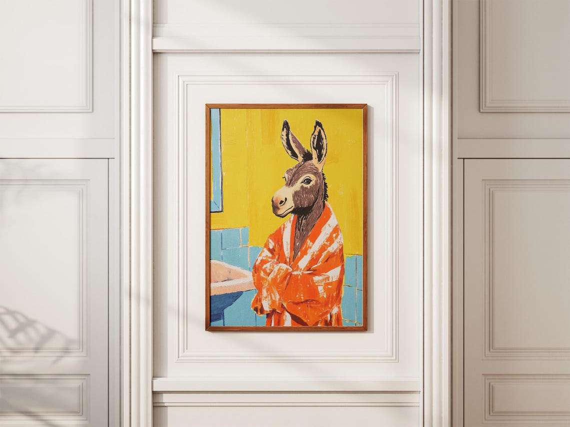Donkey in Orange Bathrobe Yellow Bathroom Funny Animal Poster - Image 2
